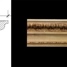 3068 3 1/8″ x 2 1/2″ Crown moulding with an inverted stylized acanthus leaf pattern, a plain milled cove and a triple bead and barrel detail.