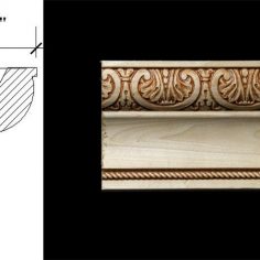 3069 4 1/16″ x 2 1/8″ Crown moulding featuring a stylized acanthus leaf pattern, plain milled cove and a rope detail.